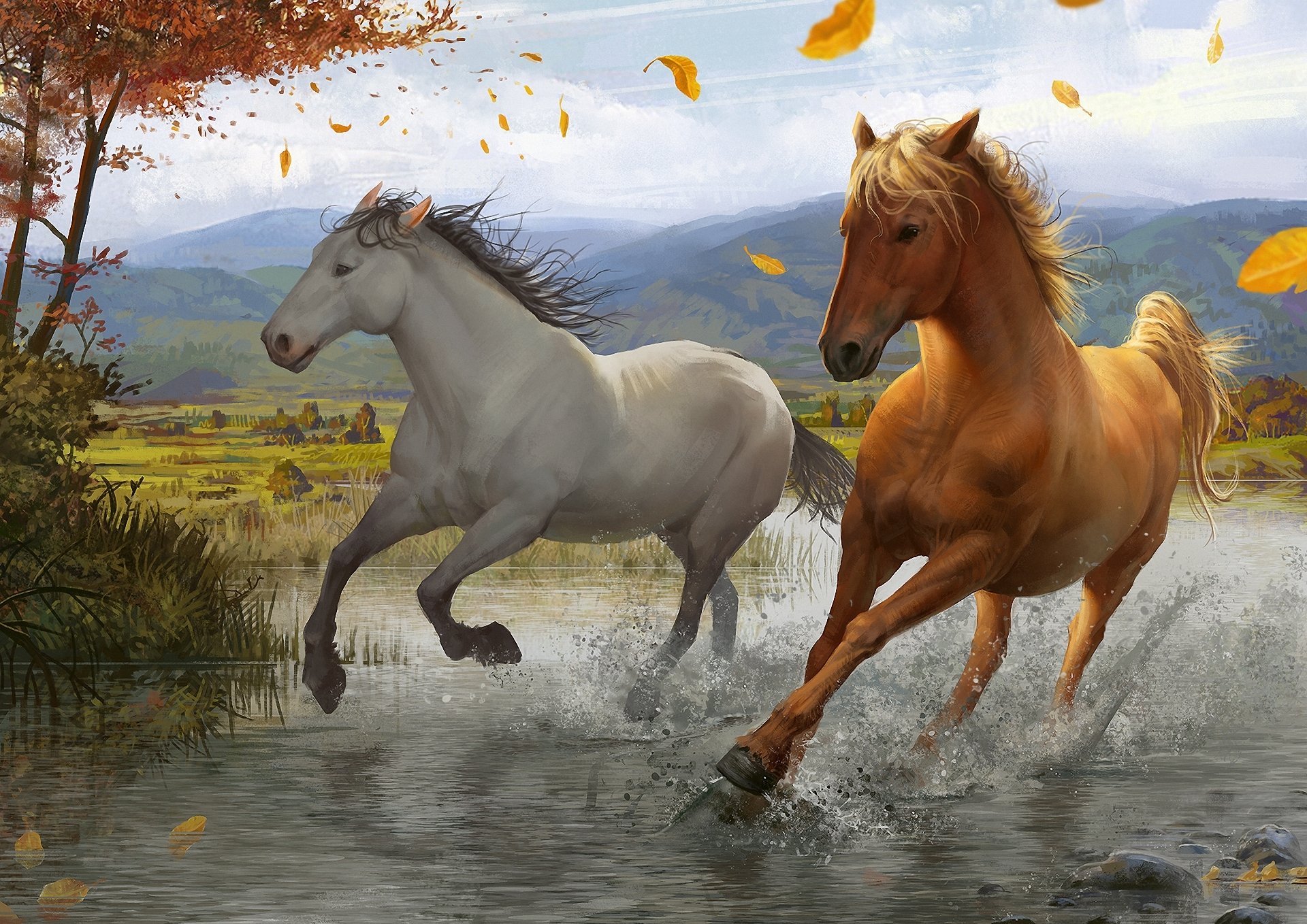 art, Foliage, Wind, Tree, River, Running, Spray, Horse Wallpaper
