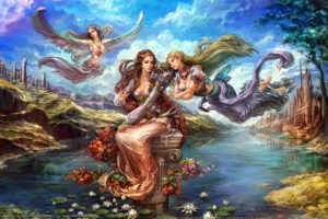 girls, Elf, Fairy, Pond, Flowers, Lotus, Wings