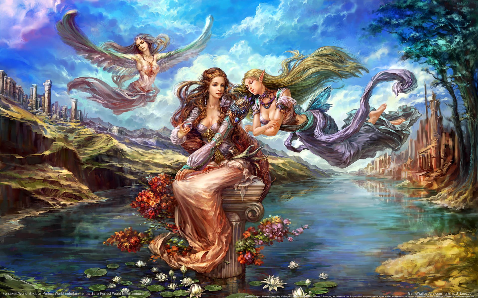 girls, Elf, Fairy, Pond, Flowers, Lotus, Wings Wallpaper