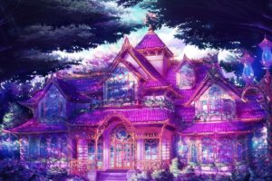 fantasy lovely house artwork, Blue, Pink