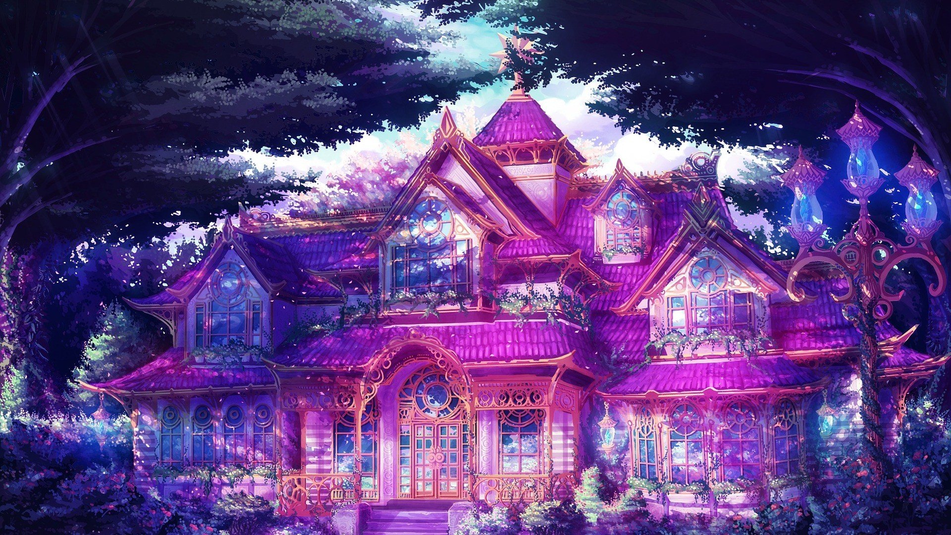 fantasy lovely house artwork, Blue, Pink Wallpaper