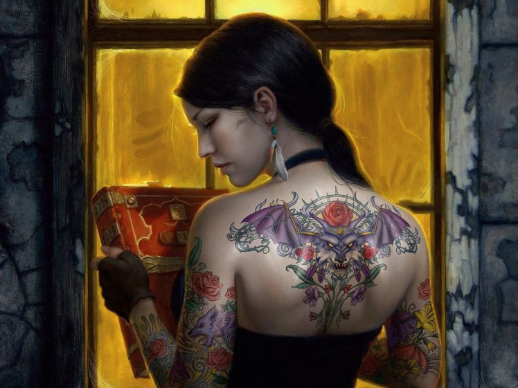 tattoo, Rose, Girl, Book, Fantasy HD Wallpaper Desktop Background