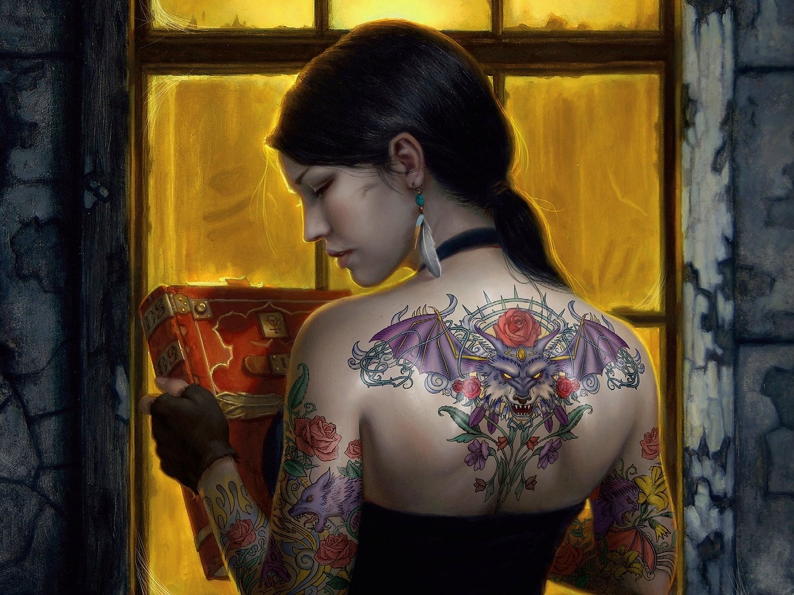 tattoo, Rose, Girl, Book, Fantasy Wallpaper