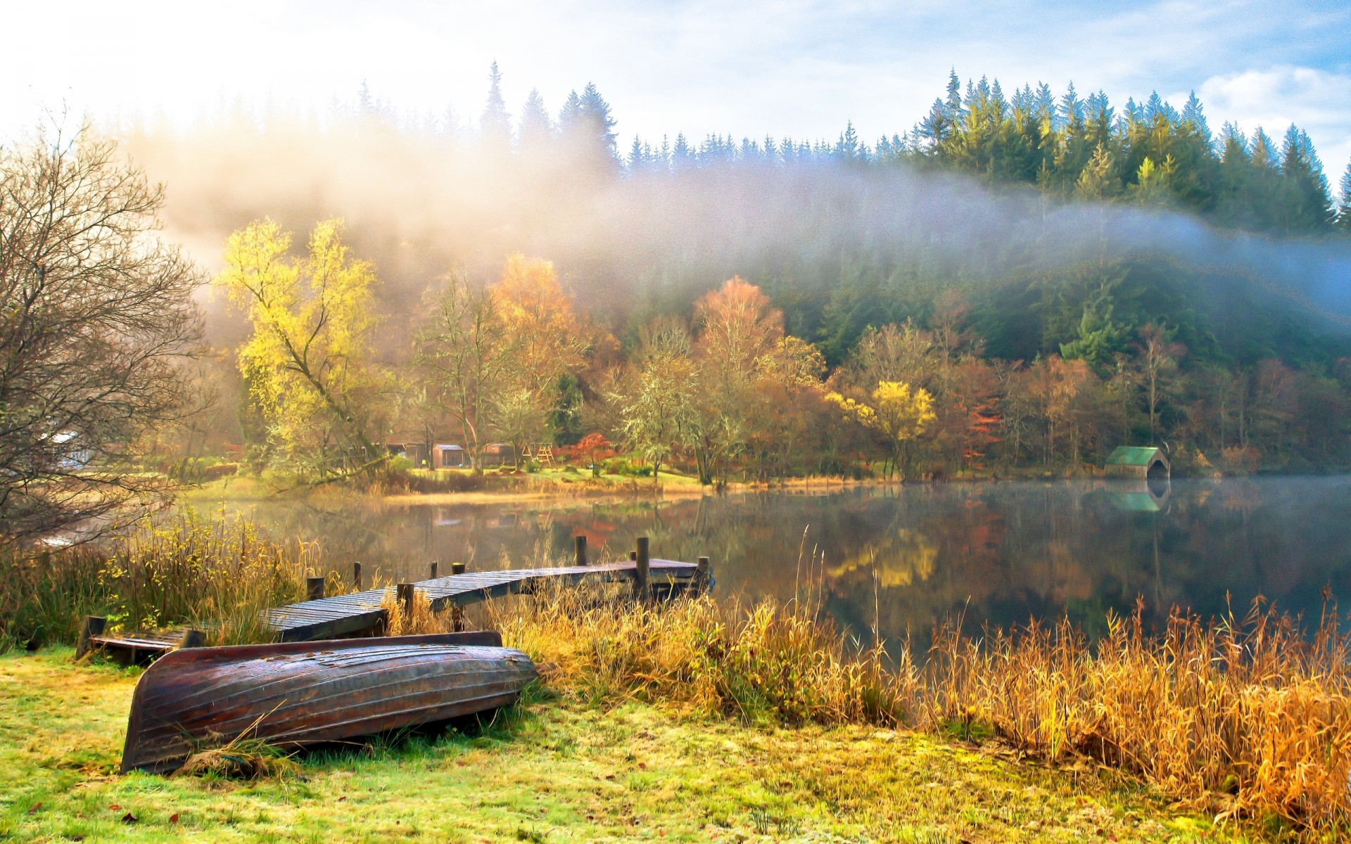 nature, Landscape, Sky, Clouds, Lake, Water, Boats, Trees, Autumn, Fog, Reflection, Fall Wallpaper