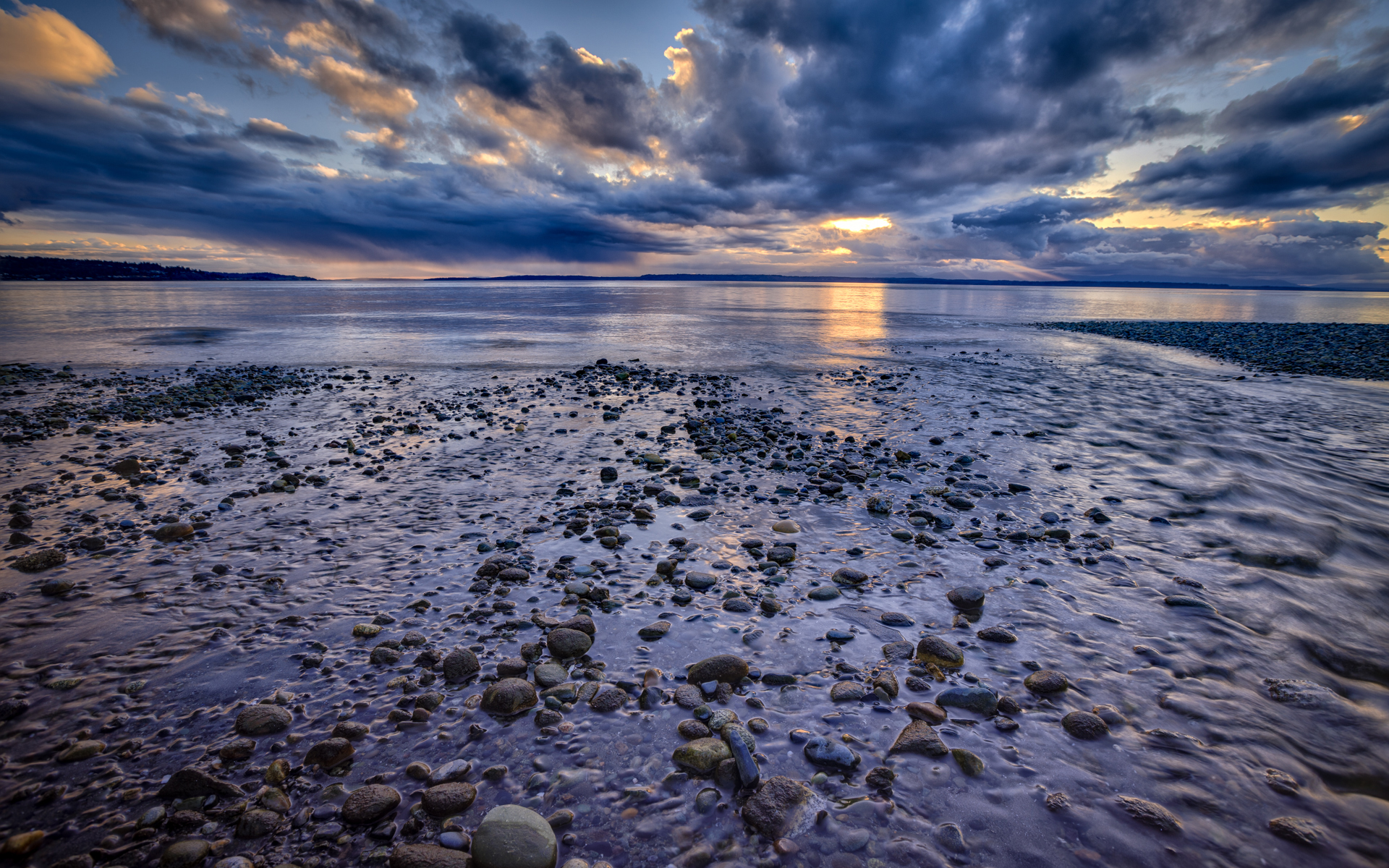 ocean, Rocks, Stones, Clouds, Landscape, Sky, Beaches, Reflection, Ocean, Sea, Sunset, Sunrise Wallpaper