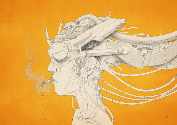 robot, Cyborg, Orange, Smoking, Steampunk, Women, Females, Girls, Cigarette HD Wallpaper Desktop Background