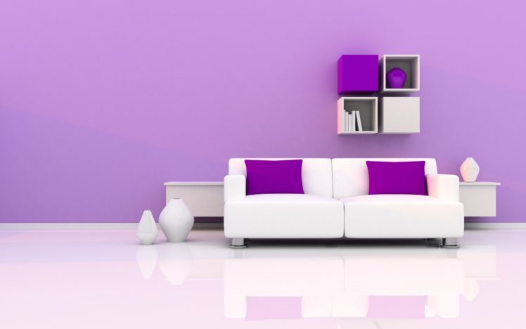 shelves, Sofa, Cushions, Vases, Interior, Reflection, Purple, Design HD Wallpaper Desktop Background