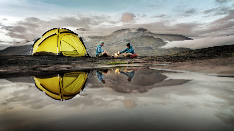 tent, Reflection, Camp, Camping, Sports, Lakes, Water, Mountains, People, Fire, Flames HD Wallpaper Desktop Background