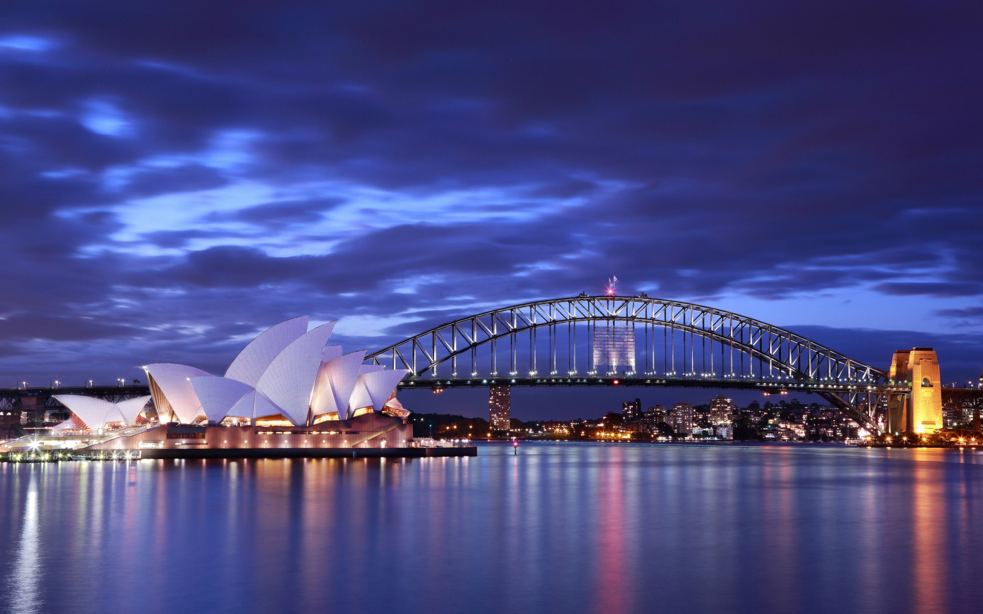 australia, Sydney, Opera, House, Bridge, Evening, Lights, Buildings, Architecture, Roads, Ocean, Sea, Bay, Harbor, Sky, Clouds Wallpaper