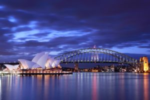 australia, Sydney, Opera, House, Bridge, Evening, Lights, Buildings, Architecture, Roads, Ocean, Sea, Bay, Harbor, Sky, Clouds