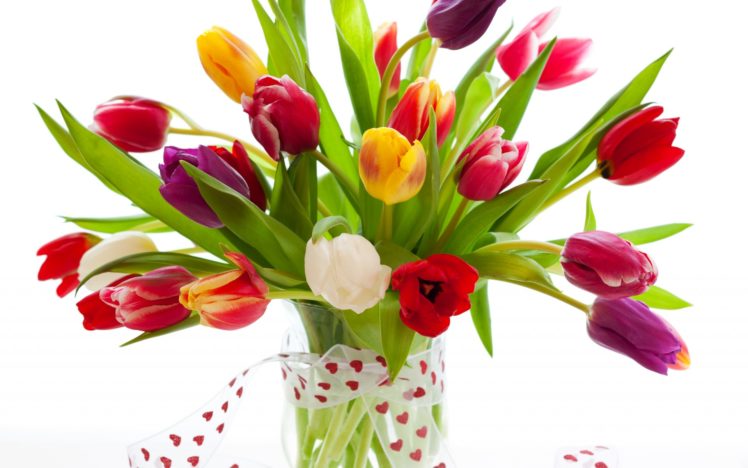 bouquet, Tulips, Vase, Ribbon, Colors, Still, Life HD Wallpaper Desktop Background