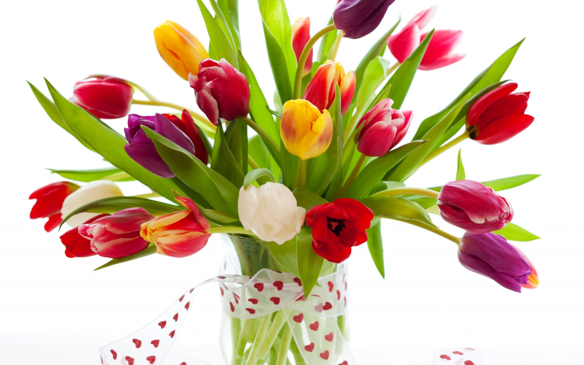 bouquet, Tulips, Vase, Ribbon, Colors, Still, Life Wallpaper