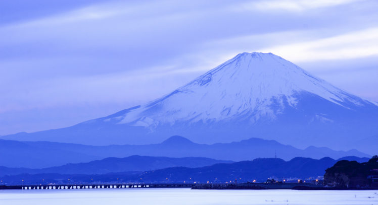 japan, Island, Honshu, Mountain, Fuji, Sea, Ocean, Landscapes, Volcano, Sky, Clouds, Bridge, Night, Lights HD Wallpaper Desktop Background