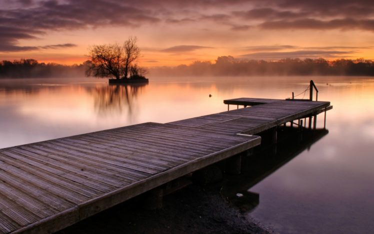 reflection, Lakes, Water, Sunrise, Sunset, Sky, Clouds, Fog, Mist, Haze, Trees, Shore, Dock, Pier, Architecture HD Wallpaper Desktop Background