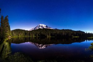 lake, Mountain, Summer, Nature, Landscape, Reflection, Trees, Forest, Stars, Sky, Night, Shore, Snow