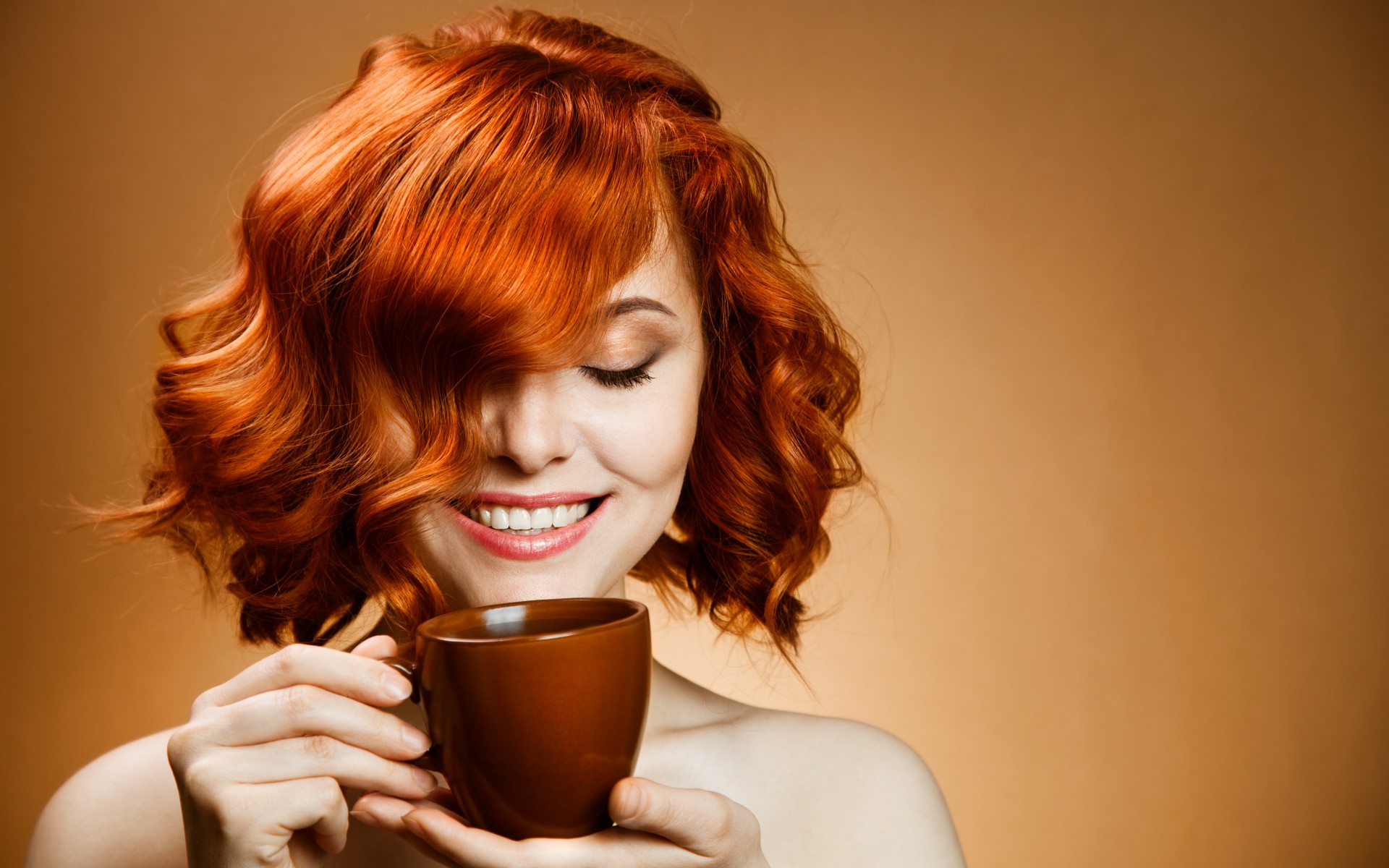smile, Hair, Coffee, Cup, Drink, Face, Mood, Women, Models, Females, Girls, Coffee, Tea, Redhead Wallpaper