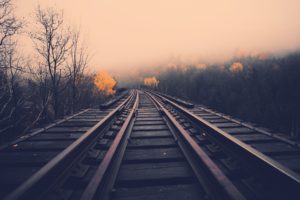 train, Tracks, Railroad, Stell, Metal, Trees, Landscapes, Autumn, Fall, Haze, Fog, Mist