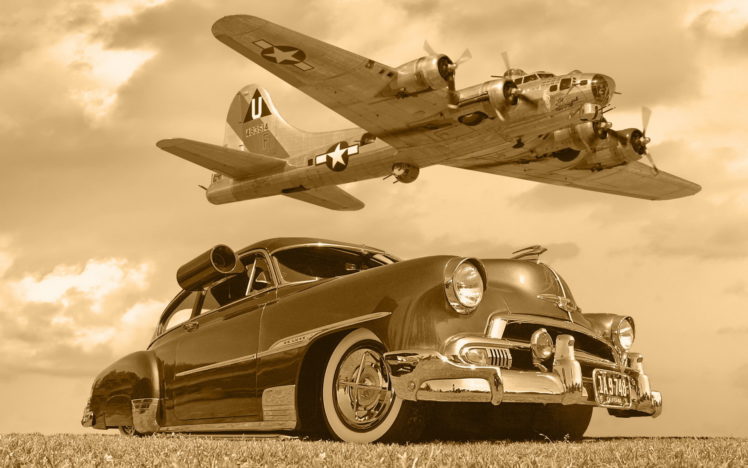 chevrolet, B17, Car, Plane, Aircrafts, Lowrider, Classic, Military, Flight, Fly, Sepia, Monochrome, Sky, Clouds HD Wallpaper Desktop Background