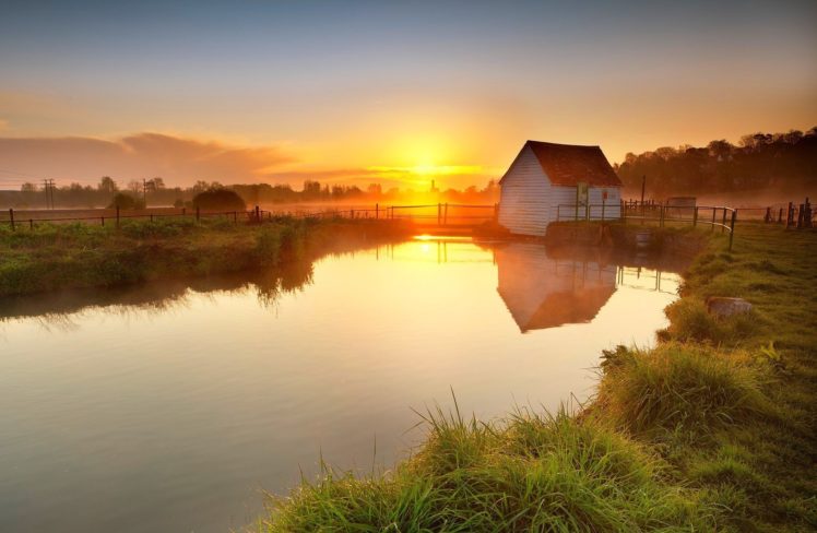 fence, Pond, Village, Sunset, Lake, Evening, House, Grass HD Wallpaper Desktop Background