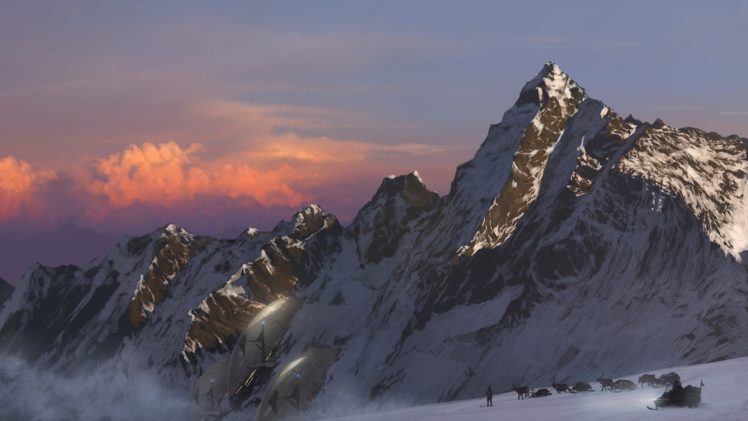 deer, Art, Skis, Travelers, People, Mountains, Ridge, Snow HD Wallpaper Desktop Background