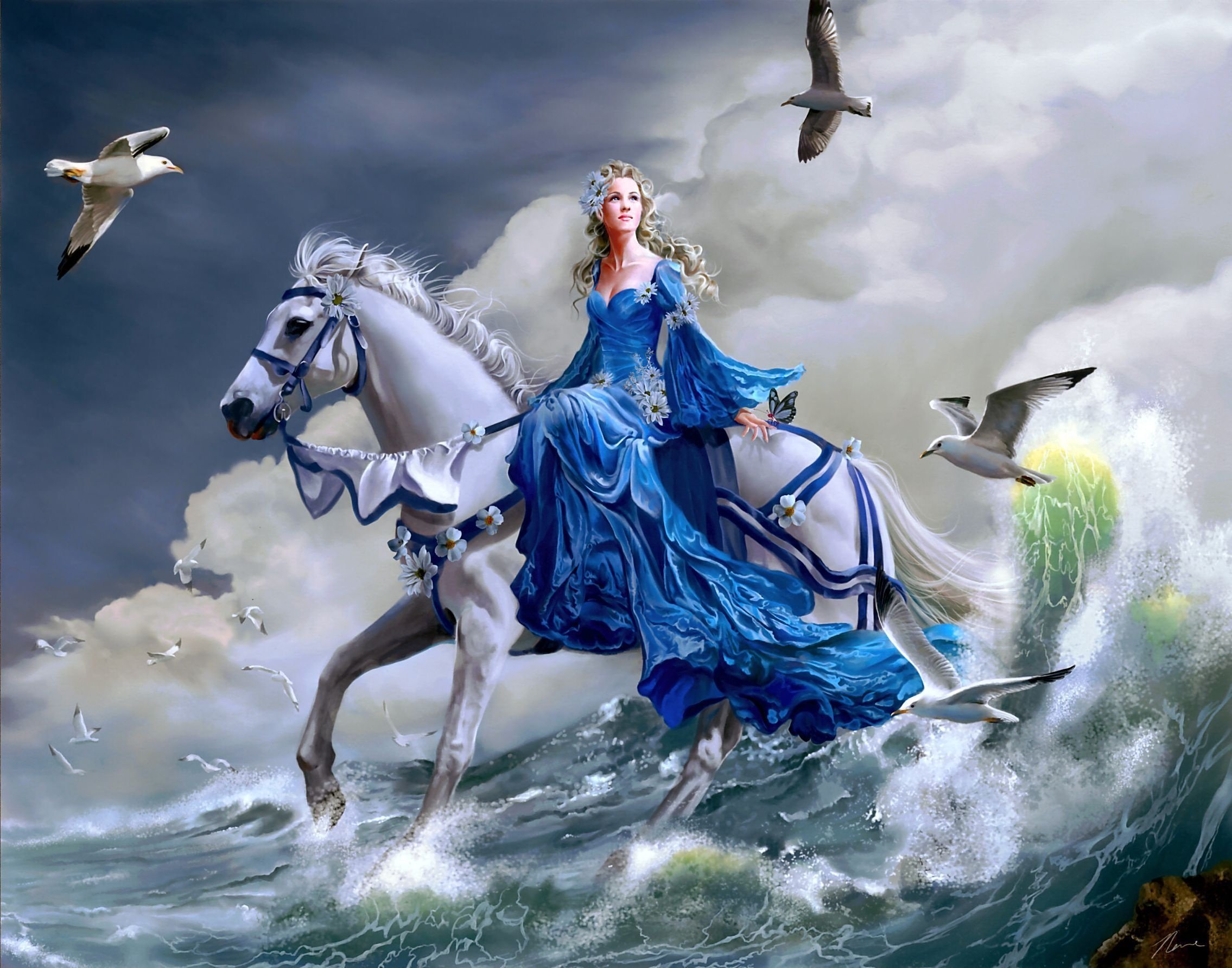 wave, Seagulls, Horse, Horse, Nene, Thomas, Girl, Sea, Art Wallpaper
