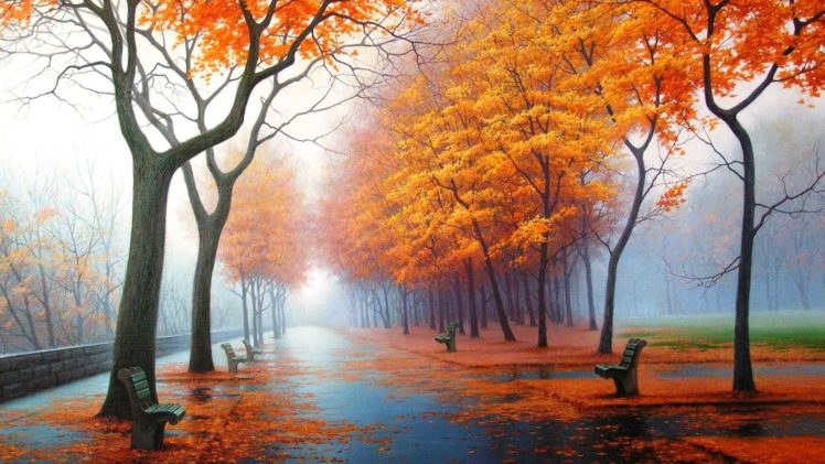 autumn, Fog, Drizzle, Rain, Foliage, Leaves, Trees, Park HD Wallpaper Desktop Background