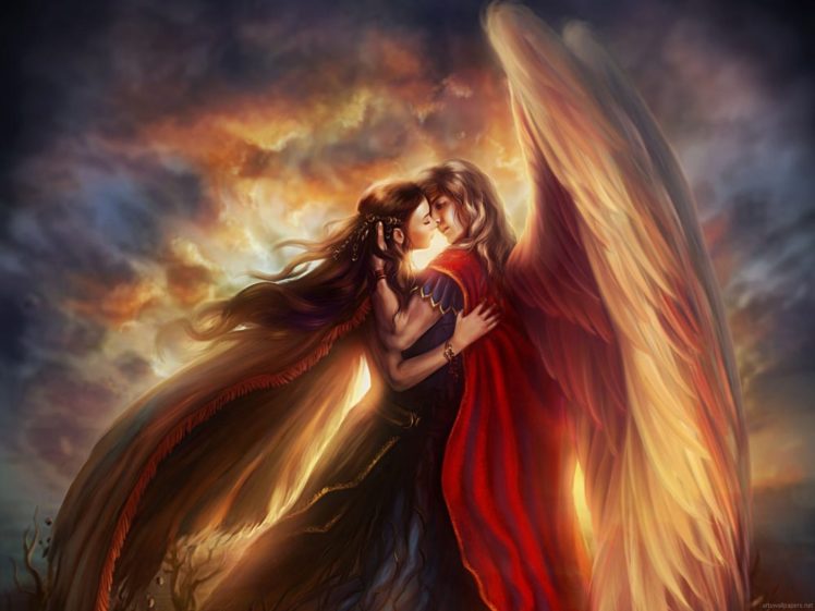 kiss, Couple, Angel, Fantasy, Girl, Guy, Sunlight HD Wallpaper Desktop Background