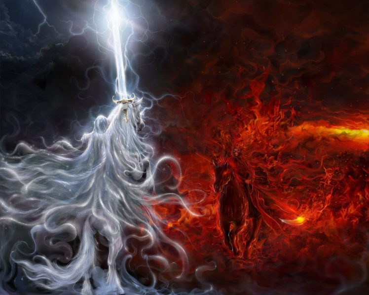 fantasy, Evil, Red, White, Fire, Angel, Horse HD Wallpaper Desktop Background