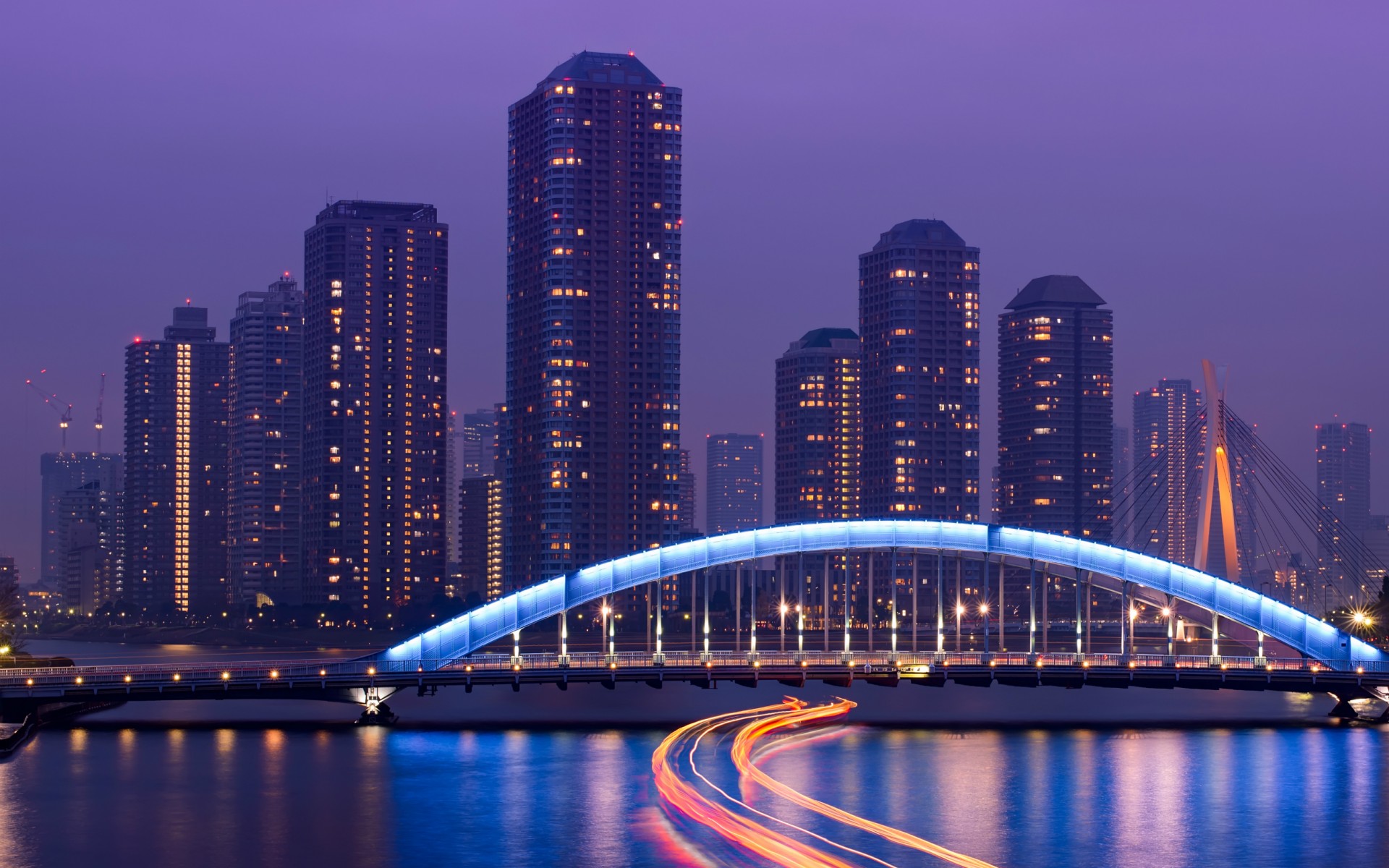 japan, Tokyo, Exposer, Rivers, Water, Reflection, Bridges, Architecture, Buildings, Skyscrapers, Night, Lights Wallpaper