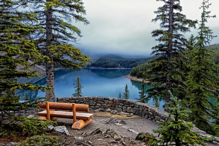 lake, Moraine, Banff, National, Park, Lake, Trees, Firs, Bench, Forest, Reflection, Mountains, Slouds, Fog, Hdr HD Wallpaper Desktop Background