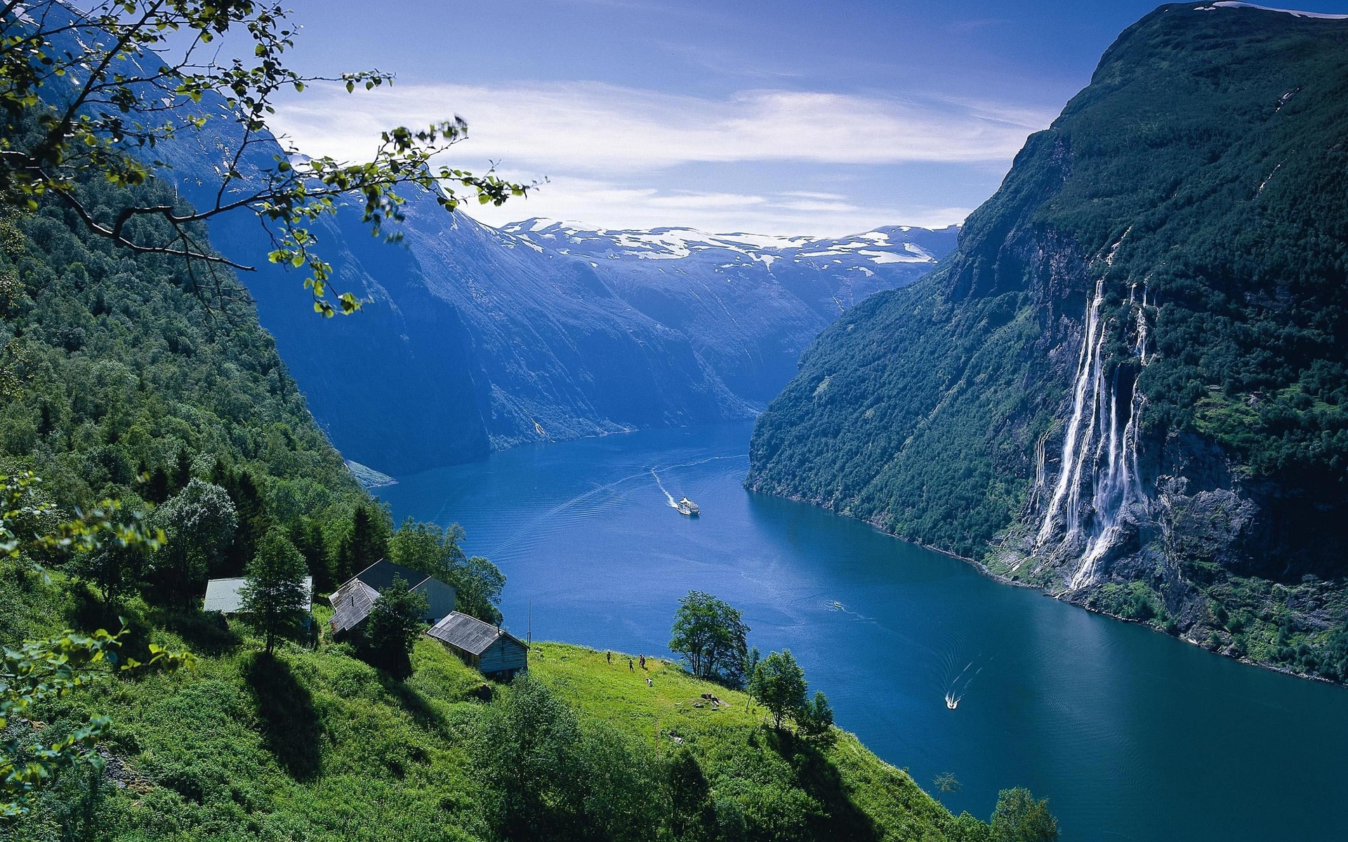 landscape, Fjord, Norway, Water, Sea, Ocean, Buildings, Architecture, Houses, Mountains, Waterfall, Sky, Clouds, Trees Wallpaper