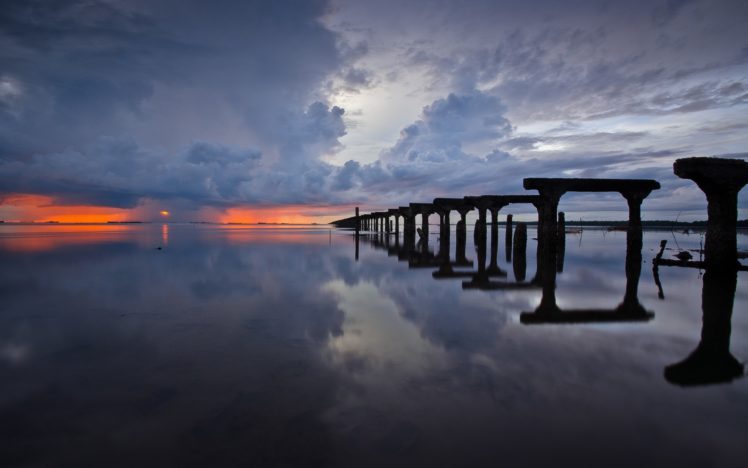ocean, Sea, Reflection, Water, Sunset, Sunrise, Sky, Clouds, Storm, Rain, Architecture, Bridges HD Wallpaper Desktop Background