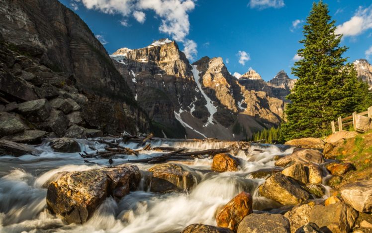 rapids, Waterfall, Rivers, Mountains, Trees, Sky, Clouds HD Wallpaper Desktop Background
