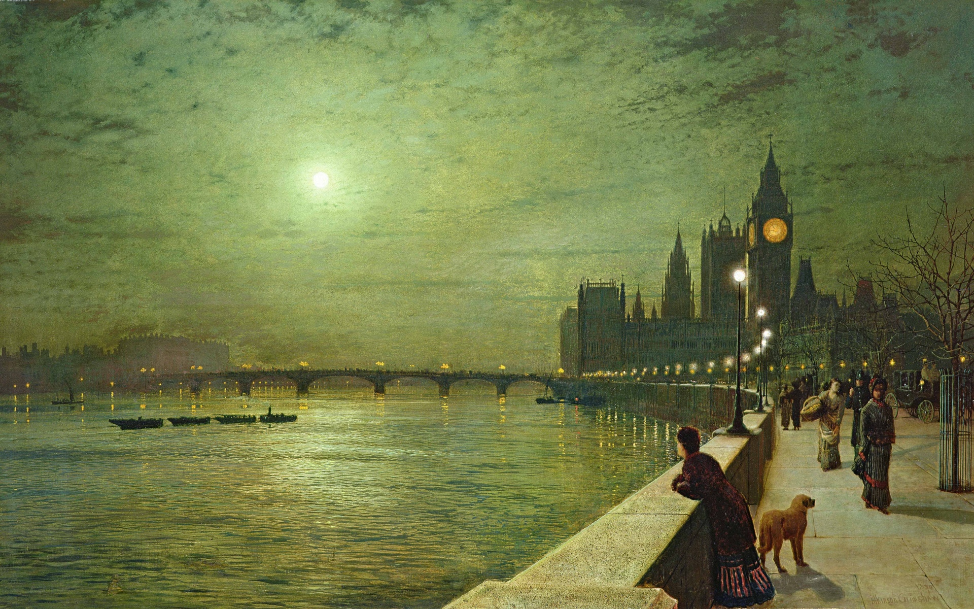 moon, Painting, John, Atkinson, Grimshaw, Promenade, Night, People, Art, Buildings, Cities, Rivers Wallpaper