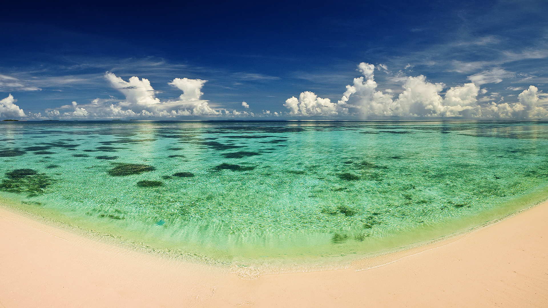 ocean, Sand, Water, Heat, Beach, Transparency, Sea, Reflection, Sky, Clouds Wallpaper