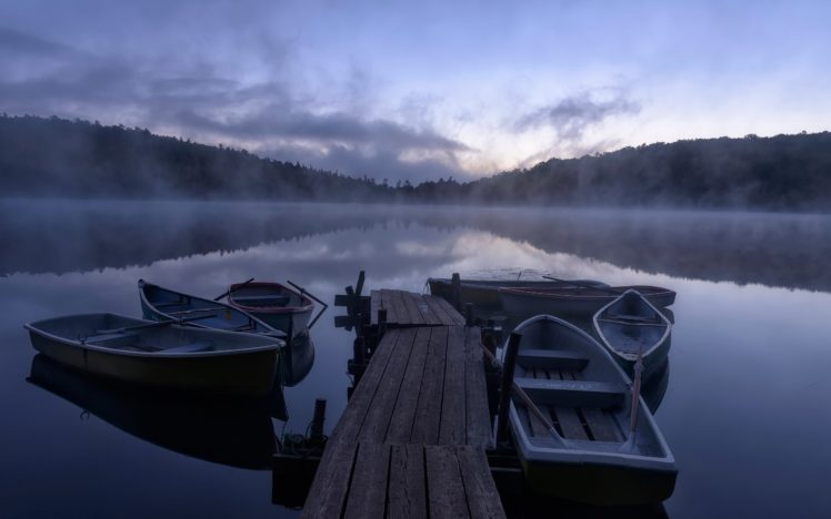 boats, Dock, Lake, Morning, Reflection, Fog, Pier HD Wallpaper Desktop Background