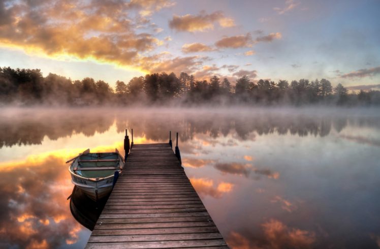boat, Morning, Fog, Lake, Bridge, Pier, Dock, Reflection, Sunrise HD Wallpaper Desktop Background