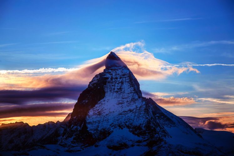 cervino, Alps, Mountains, Snow, Night, Sunset, Sky, Clouds, Landscape, Nature HD Wallpaper Desktop Background