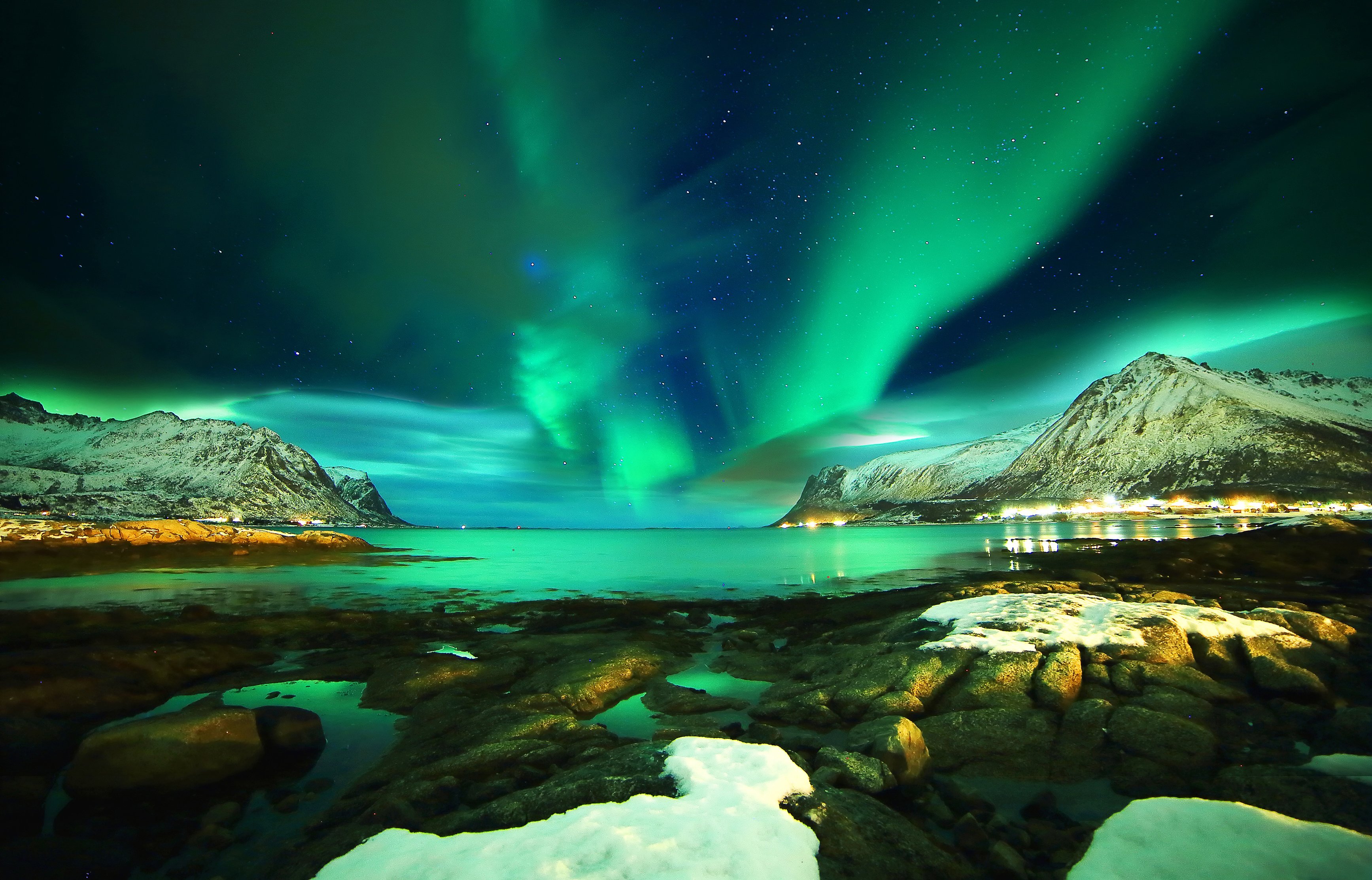 lofoten, Islands, Norway, Norther, Lights, Sky, Night, Sea, Ocean Wallpaper