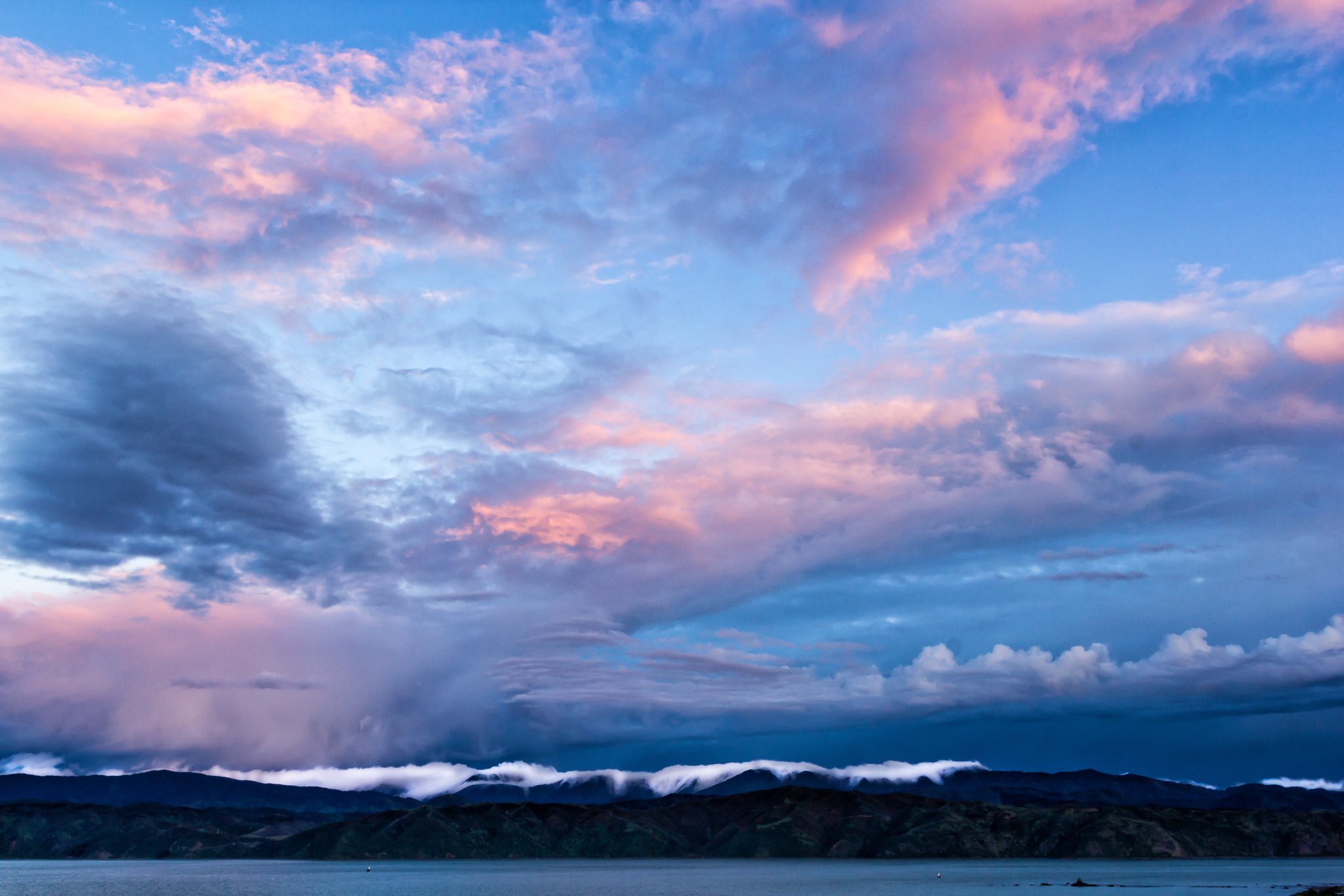wellington, Bay, Mountains, Blue, Sky, New, Zealand, Evening, Clouds Wallpaper