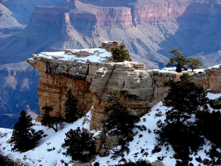 trees, Mountains, Gorges, Snow, Rocks, Winter HD Wallpaper Desktop Background