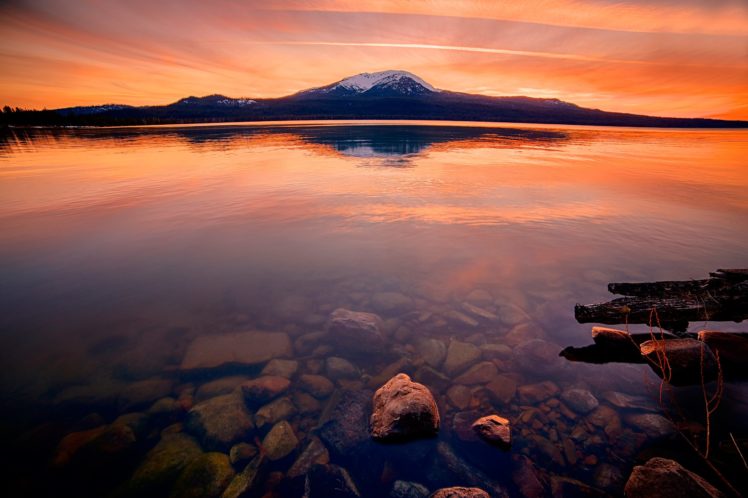 lake, Rocks, Reflection, Sunrise, Sunset, Mountain HD Wallpaper Desktop Background