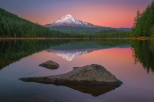landscape, Nature, Mountains, Lake, Forest, Reflection, Sunset, Mount, Hood, Oregon, Usa, Volcano