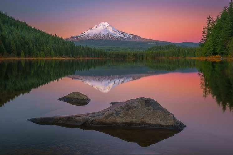 landscape, Nature, Mountains, Lake, Forest, Reflection, Sunset, Mount, Hood, Oregon, Usa, Volcano HD Wallpaper Desktop Background