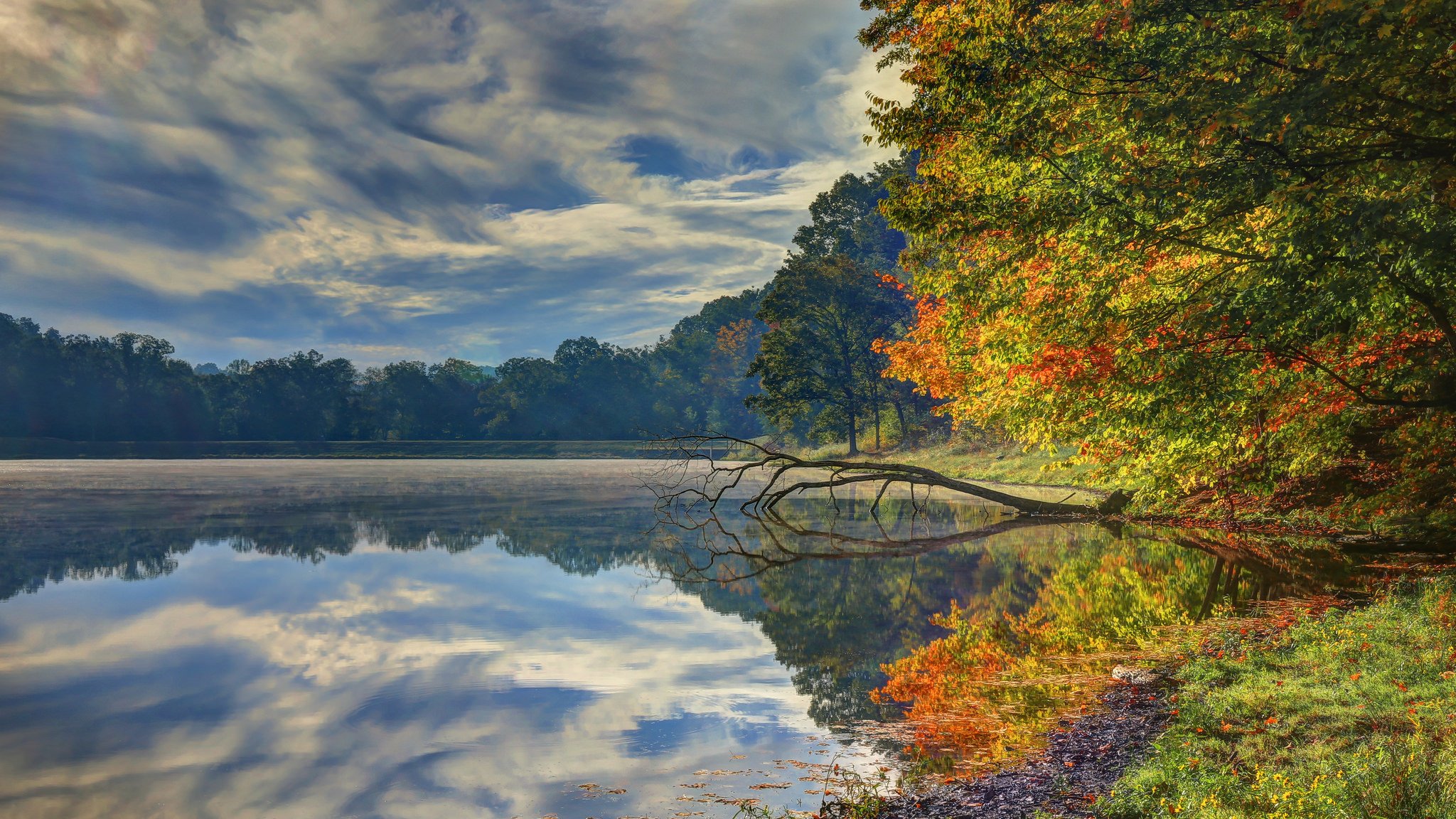 park, Nature, Water, River, Sky, Leaves, Trees, Clouds, Forest, Autumn, Reflectiom Wallpaper