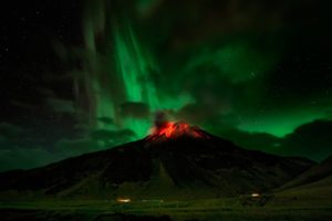 volcano, Northern, Lights, The, Eruption, Night, Sky, Lava, Fire, Stars