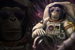 monkey, Astronaut, Glasses, Helmet, Fantasy, Animals, Space, Humor, Sci fi, Psychedelic
