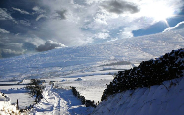 fence, Roads, Winter, Snow, Mountains, Landscapes, Sky, Clouds, Rustic HD Wallpaper Desktop Background
