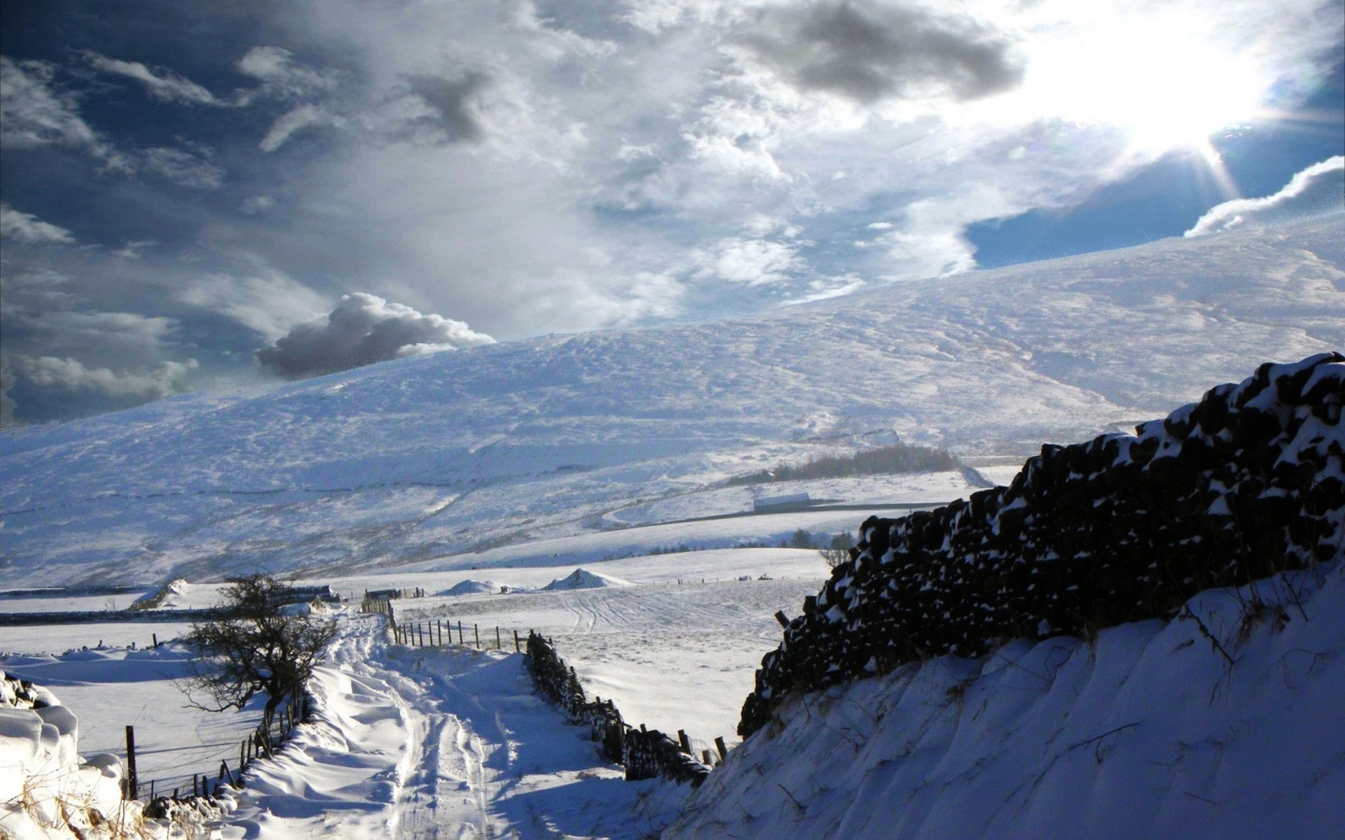 fence, Roads, Winter, Snow, Mountains, Landscapes, Sky, Clouds, Rustic Wallpaper