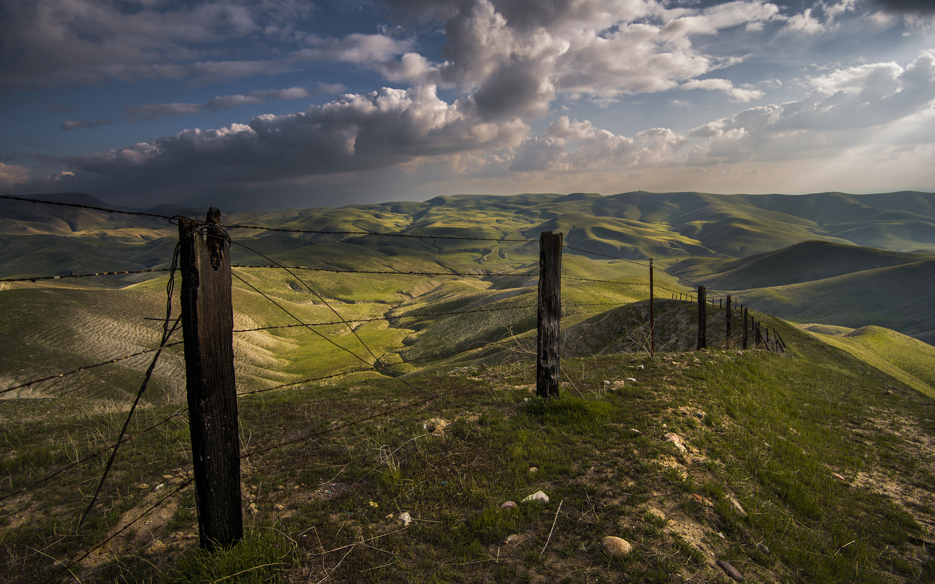fence, Barb, Wire, Grass, Landscape, Clouds, Hills, Mountains, Sky Wallpaper